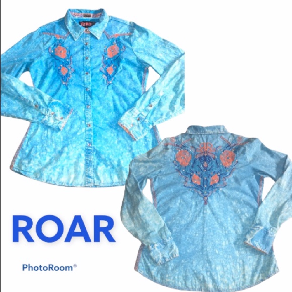 ROAR Embellished Blue & Orange Western Shirt Large - Picture 11 of 16